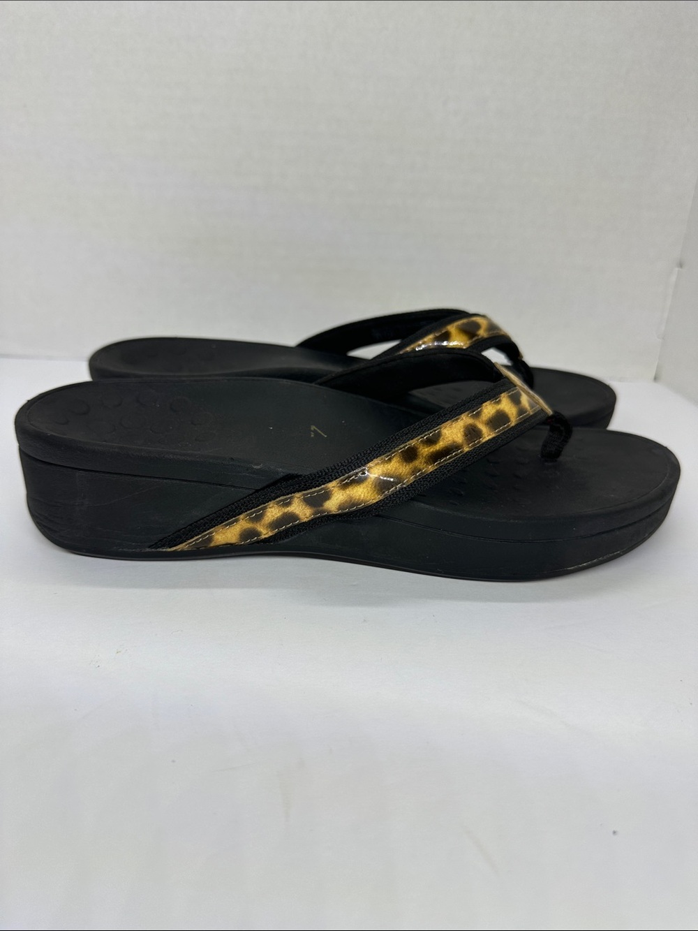 Vionic Black Wedge Sandals with Leopard-Print Straps